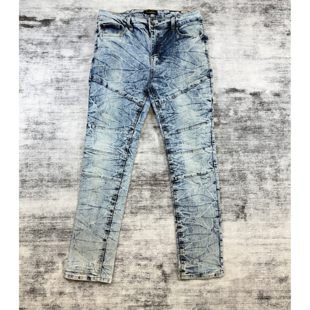 WT02 Mens Acid Wash Moto Skinny Jeans Blue Crinkle Texture Size 36x30